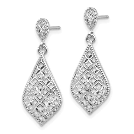 14k White Gold Dangle Earrings with Floral Filigree Drop and Vintage Lattice Design