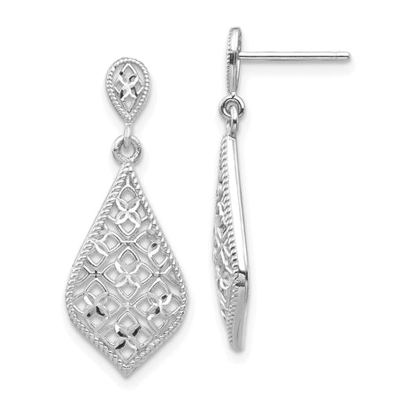 14k White Gold Dangle Earrings with Floral Filigree Drop and Vintage Lattice Design