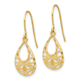 14k Yellow Gold Dangle Earrings with Open Teardrop and Filigree Floral Design