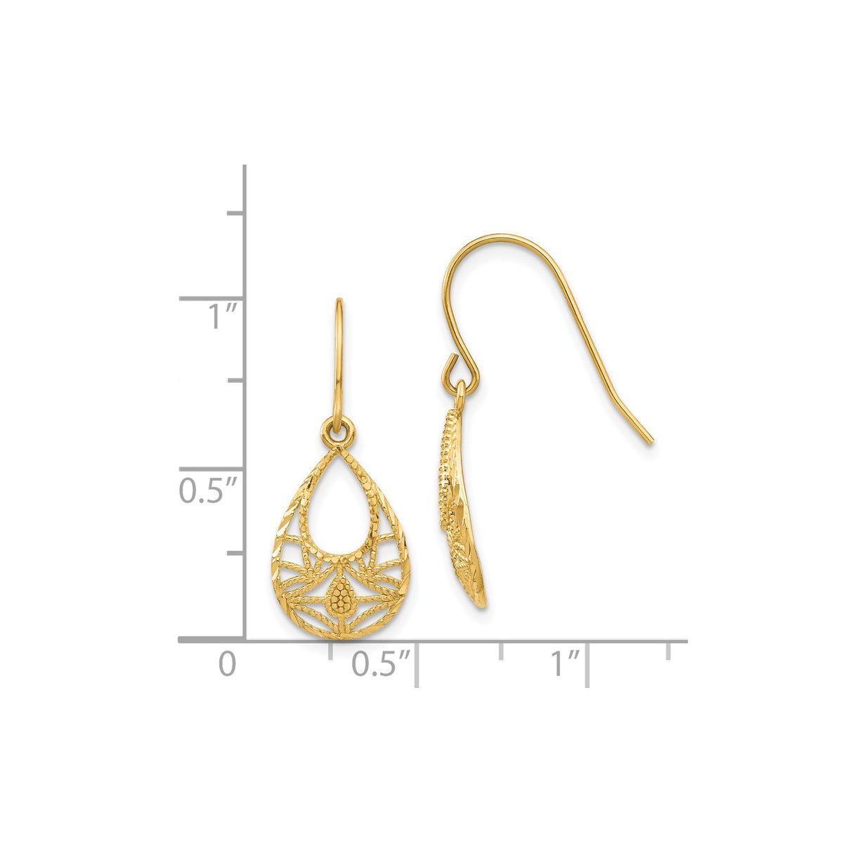 14k Yellow Gold Dangle Earrings with Open Teardrop and Filigree Floral Design