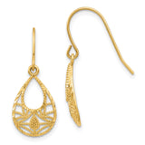 14k Yellow Gold Dangle Earrings with Open Teardrop and Filigree Floral Design