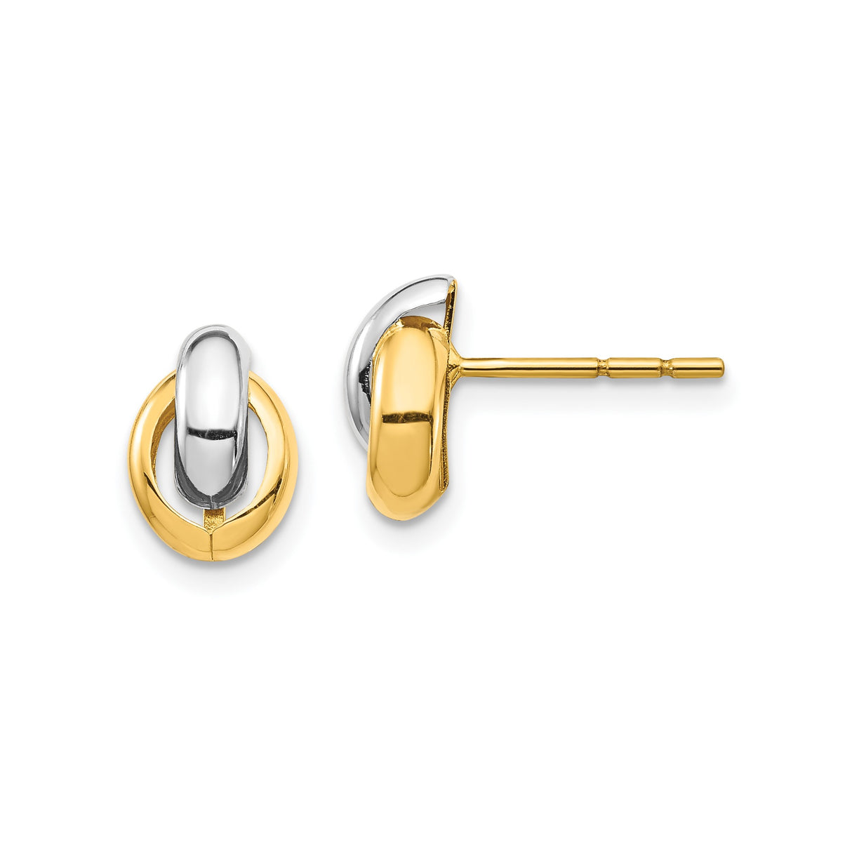 14k Yellow Gold Hoop Stud Earrings, Interlocking Oval Design, Two-Tone Minimalist Style