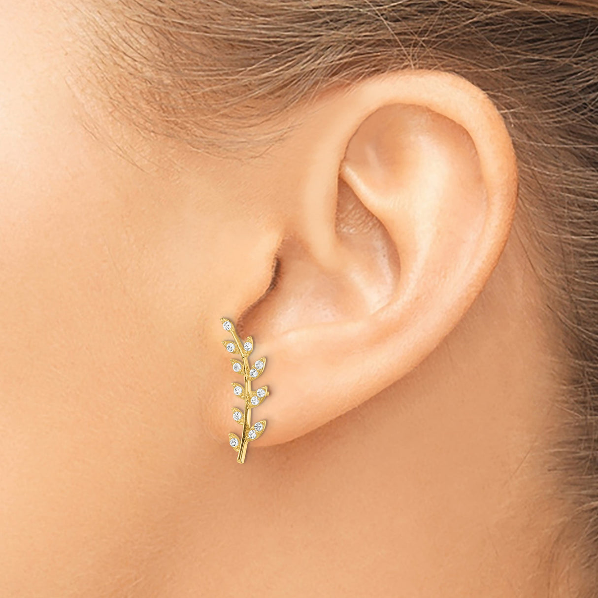 14k Yellow Gold Leaf Climber Earrings with Cubic Zirconia, Vine Motif Botanical Style