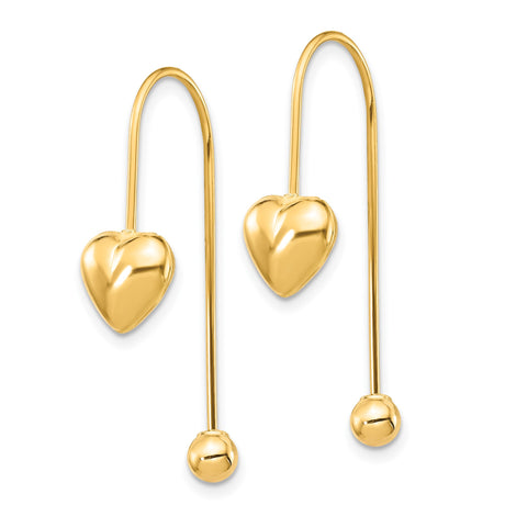 14k Yellow Gold Dangle Earrings with Puffed Heart and Oval Bead Drop Design