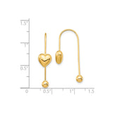 14k Yellow Gold Dangle Earrings with Puffed Heart and Oval Bead Drop Design