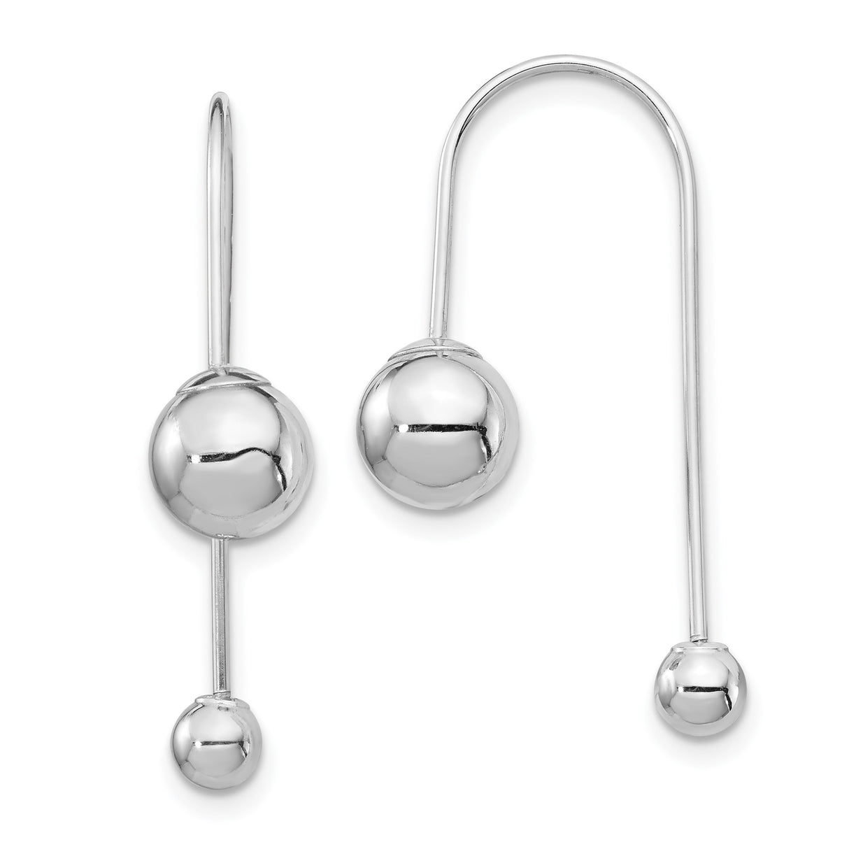 14k White Gold Drop Earrings with Polished Spheres, Sleek Threader Style, Minimalist Design for Women