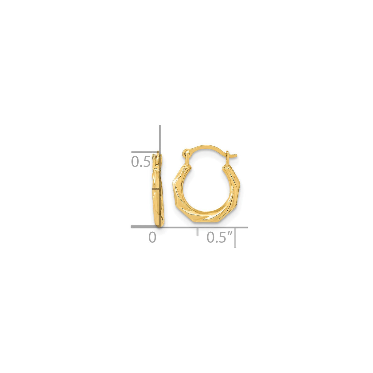 14k Yellow Gold Hoop Earrings, Twisted Faceted Geometric Design, Lightweight Modern Style