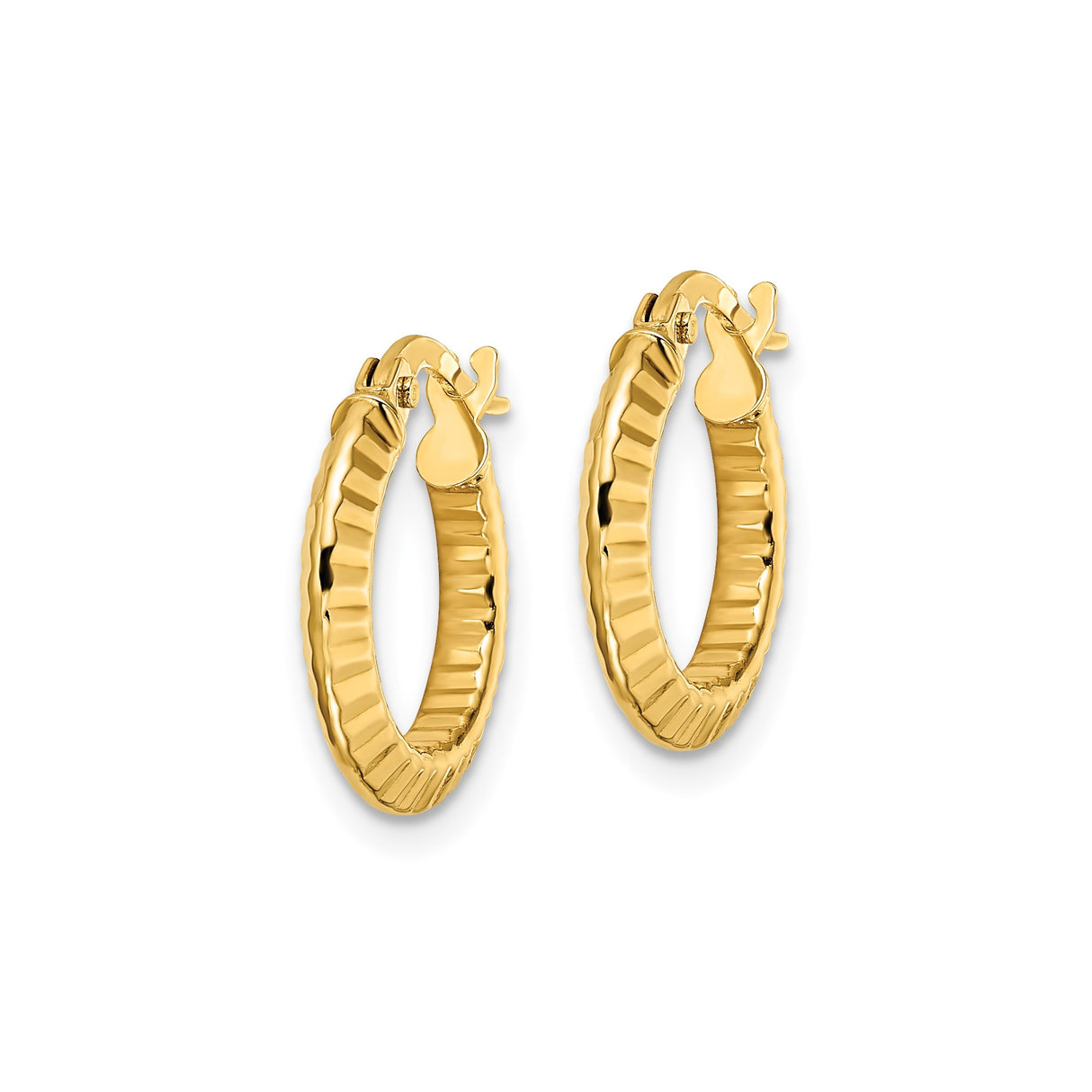 14k Yellow Gold Hoop Earrings, Textured Ribbed Design with High-Polish Finish