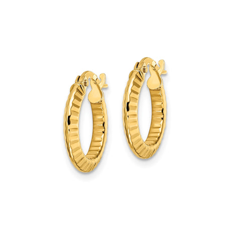 14k Yellow Gold Hoop Earrings, Textured Ribbed Design with High-Polish Finish