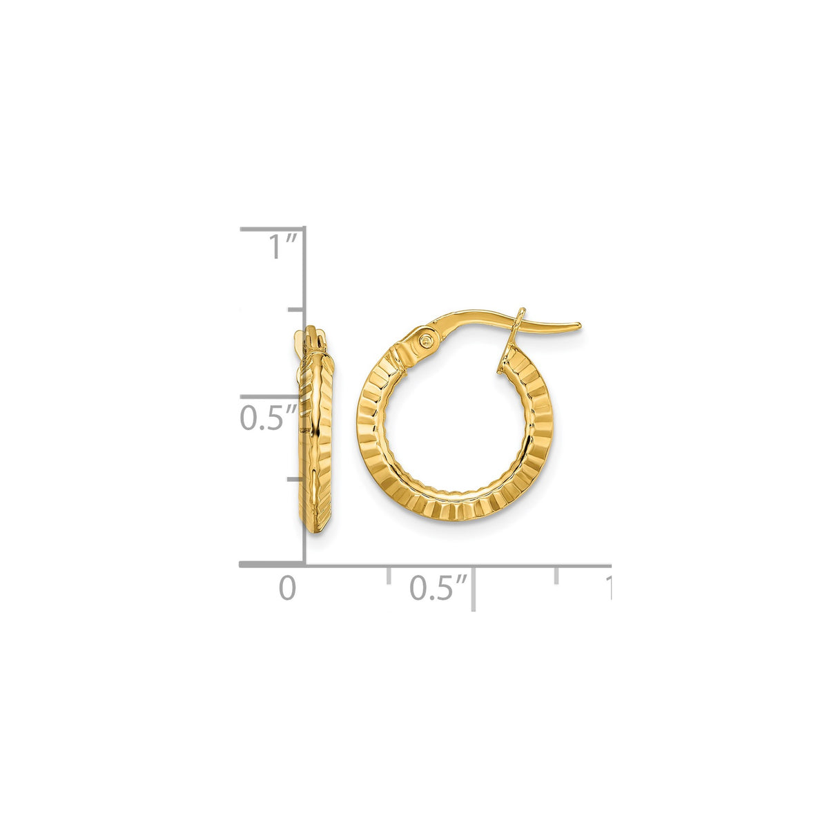 14k Yellow Gold Hoop Earrings, Textured Ribbed Design with High-Polish Finish
