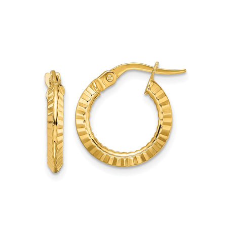 14k Yellow Gold Hoop Earrings, Textured Ribbed Design with High-Polish Finish