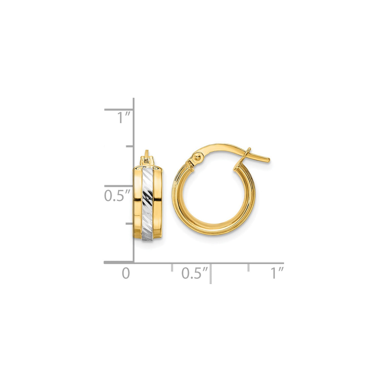 14k Yellow Gold Hoop Earrings with Rhodium Stripe, Polished and Textured Finish, Modern Style