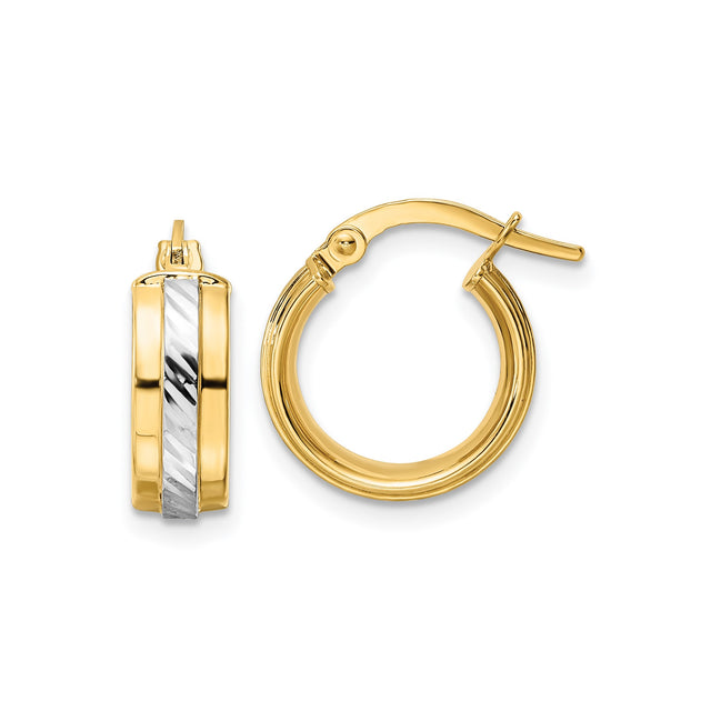 14k Yellow Gold Hoop Earrings with Rhodium Stripe, Polished and Textured Finish, Modern Style