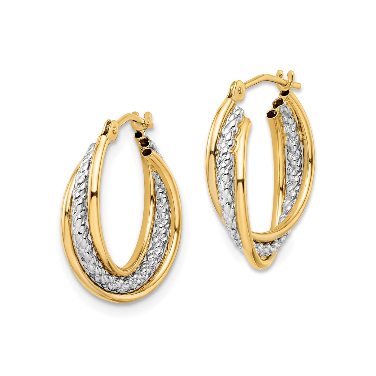 14k Yellow Gold Braided Hoop Earrings with Textured Rhodium Center, Two-Tone Oval Design