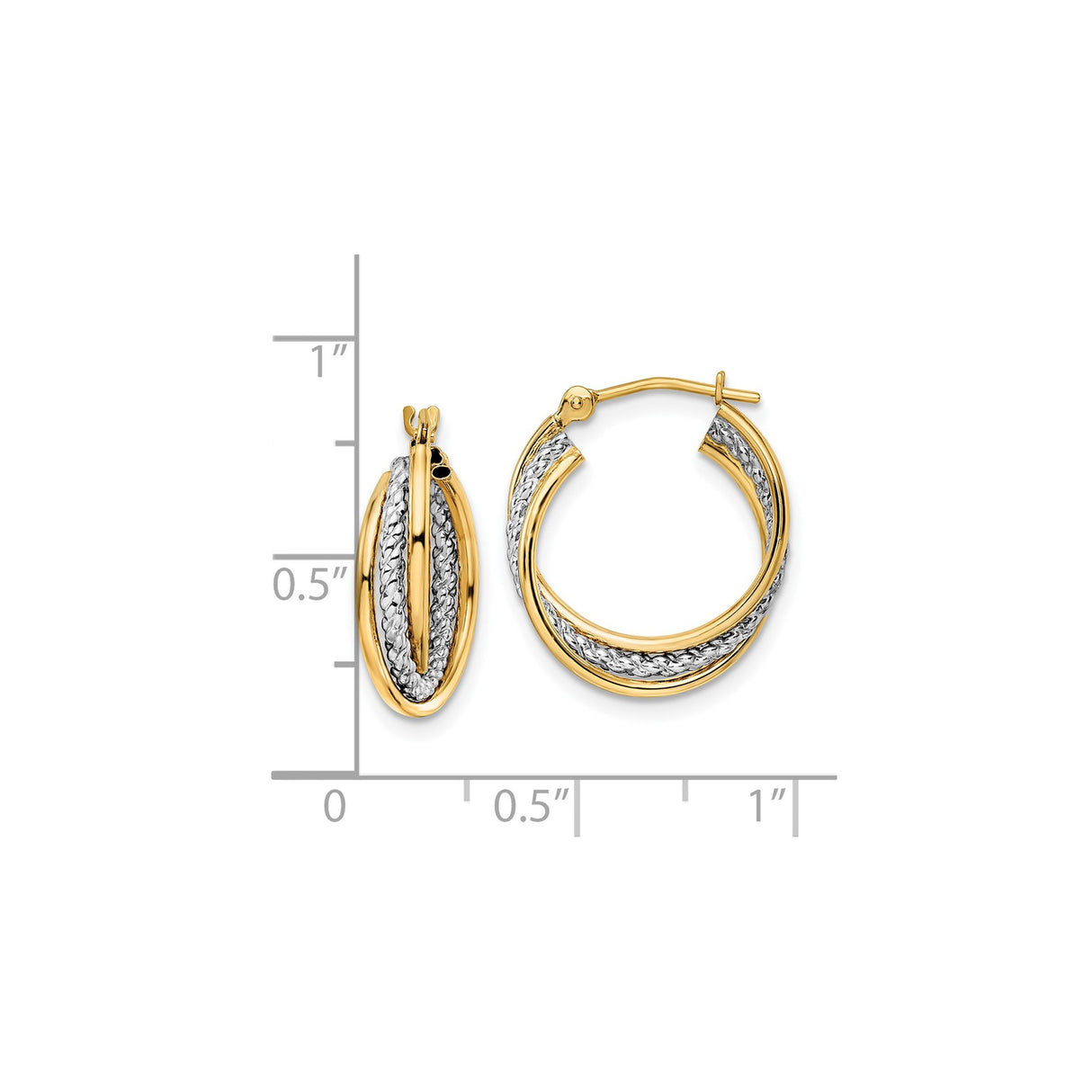 14k Yellow Gold Braided Hoop Earrings with Textured Rhodium Center, Two-Tone Oval Design