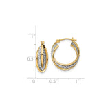14k Yellow Gold Braided Hoop Earrings with Textured Rhodium Center, Two-Tone Oval Design