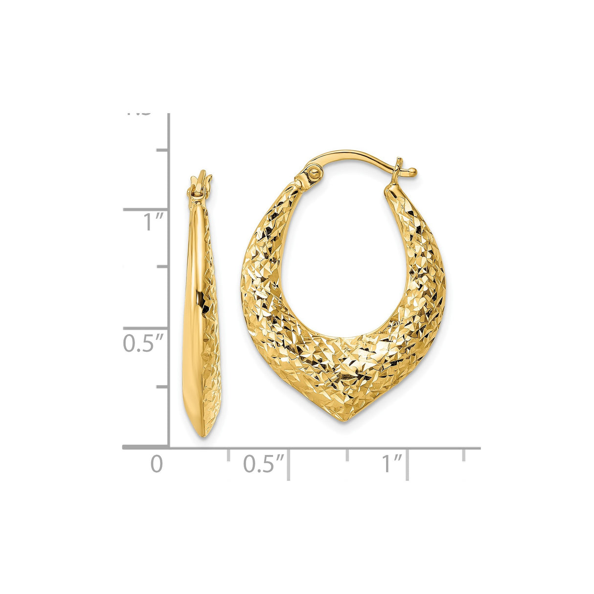 14k Yellow Gold Teardrop Hoop Earrings, Textured Diamond Cut Modern Design