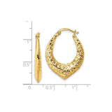14k Yellow Gold Teardrop Hoop Earrings, Textured Diamond Cut Modern Design