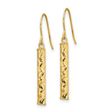 14k Yellow Gold Dangle Earrings, Diamond Cut Tube Drop, Polished and Textured Finish
