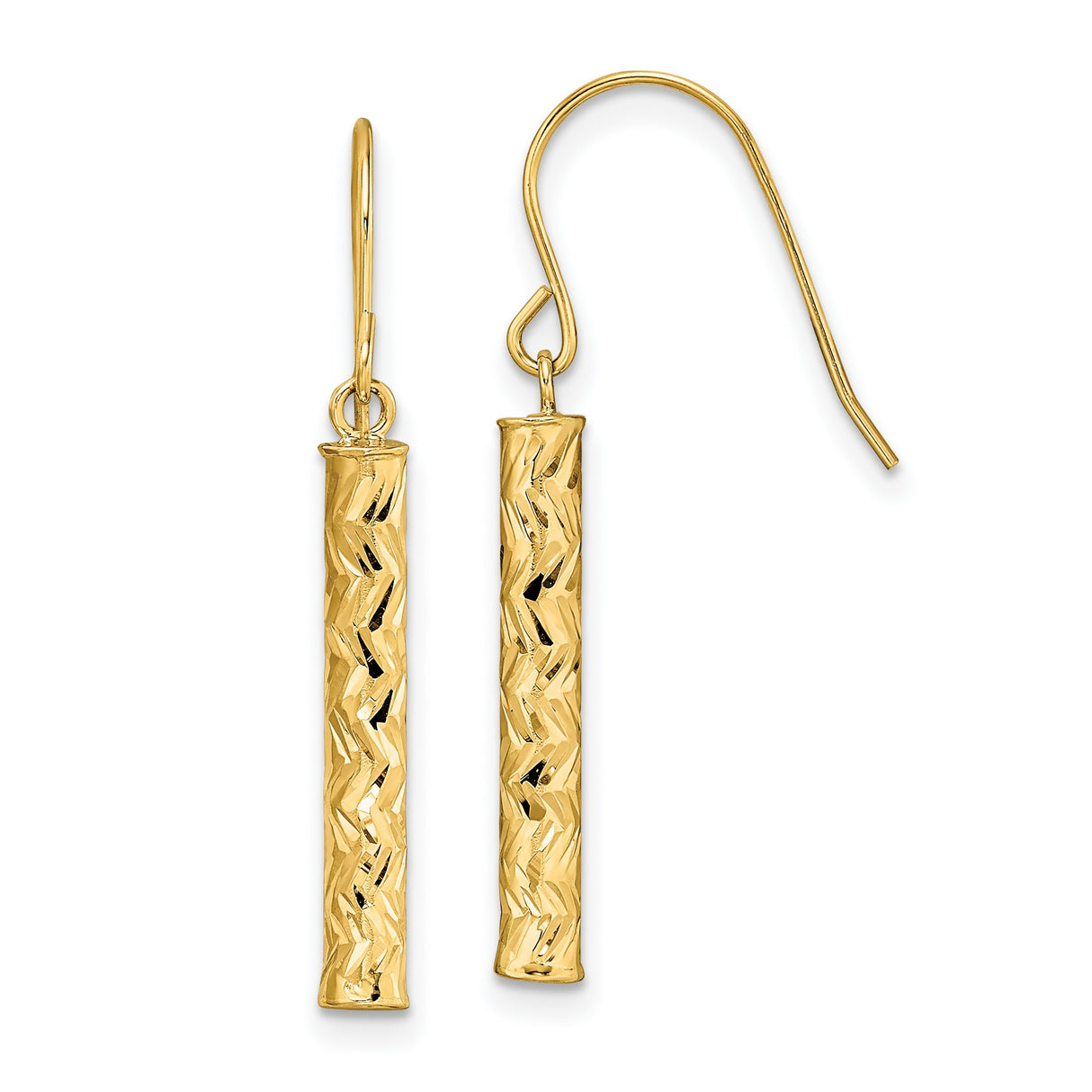 14k Yellow Gold Dangle Earrings, Diamond Cut Tube Drop, Polished and Textured Finish