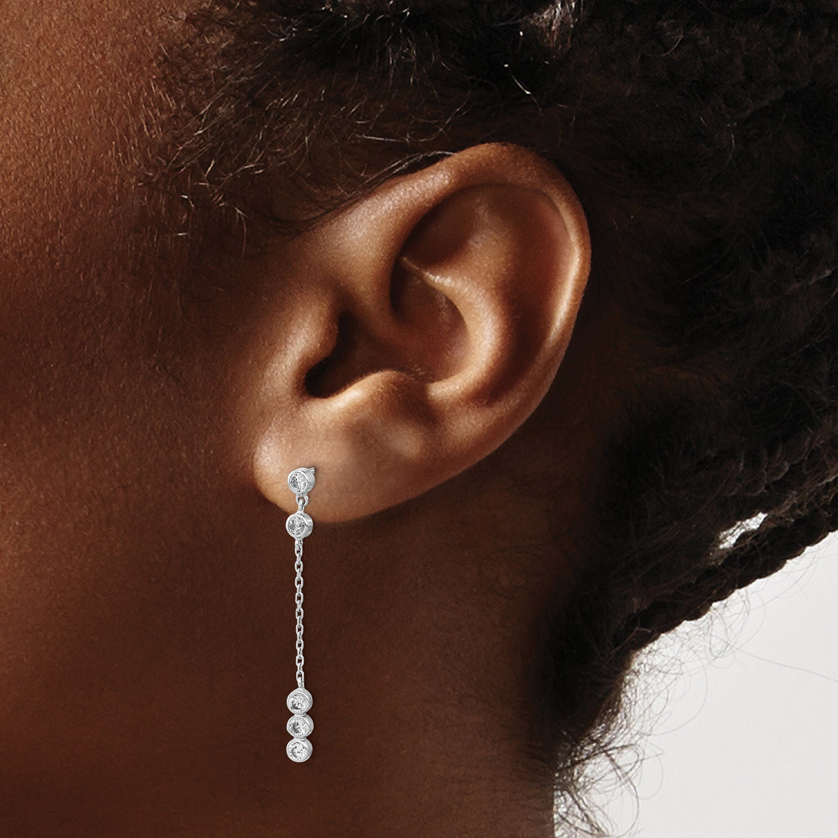 14k White Gold Dangle Earrings with Cubic Zirconia and Delicate Chain Design