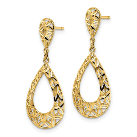 14k Yellow Gold Dangle Earrings with Open Teardrop and Floral Lattice Design