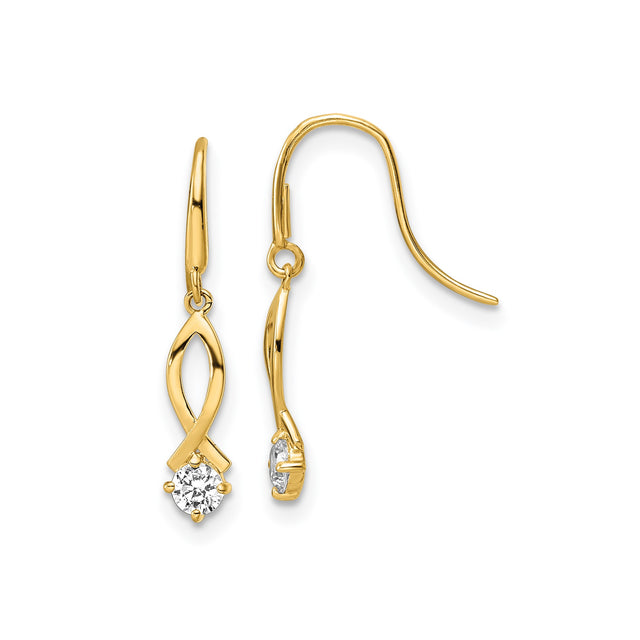 14k Yellow Gold Dangle Earrings with Cubic Zirconia, Open Marquise Ichthys Christian Design