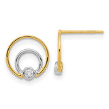 14k Yellow Gold Stud Earrings with Cubic Zirconia, Double Circle Two-Tone Geometric Design