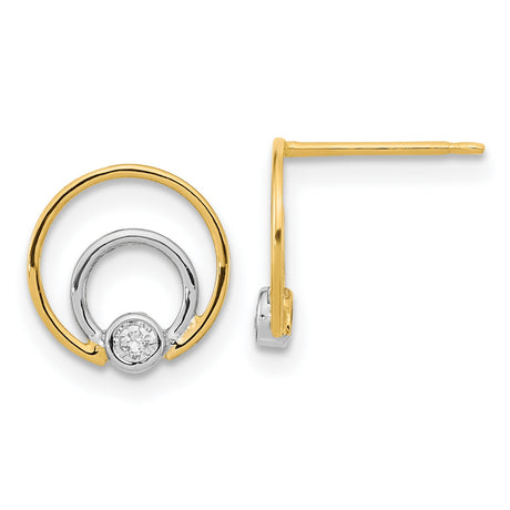 14k Yellow Gold Stud Earrings with Cubic Zirconia, Double Circle Two-Tone Geometric Design