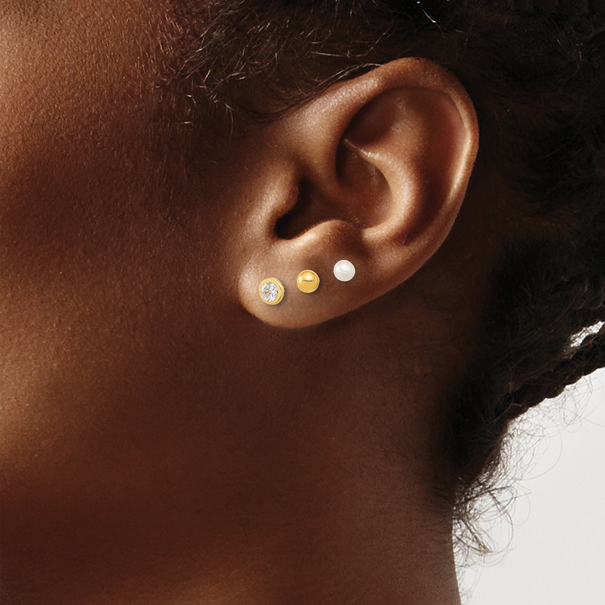 14k Yellow Gold Stud Earrings Set, White Pearl, Ball Studs, Bezel Set Cubic Zirconia