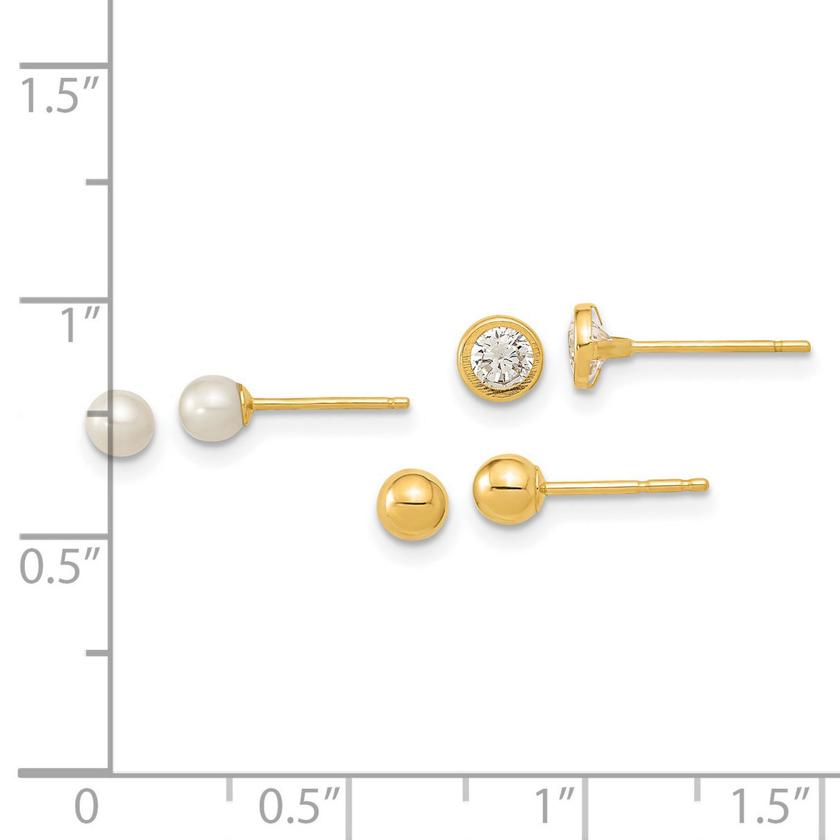 14k Yellow Gold Stud Earrings Set, White Pearl, Ball Studs, Bezel Set Cubic Zirconia