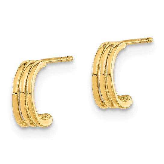 14k Yellow Gold Triple Hoop Stud Earrings, Sleek Modern Layered Design for Women