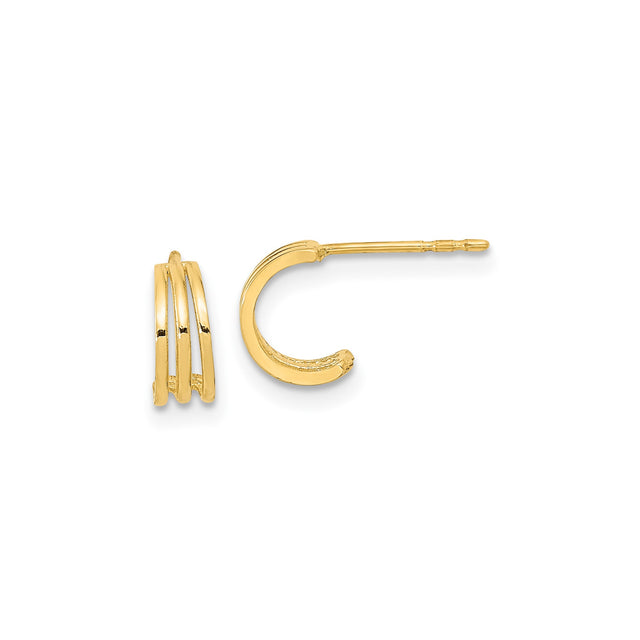 14k Yellow Gold Triple Hoop Stud Earrings, Sleek Modern Layered Design for Women