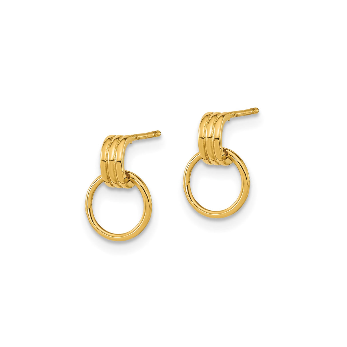 14k Yellow Gold Double Hoop Drop Earrings, Ribbed Circle Design, Post Backs, Lightweight