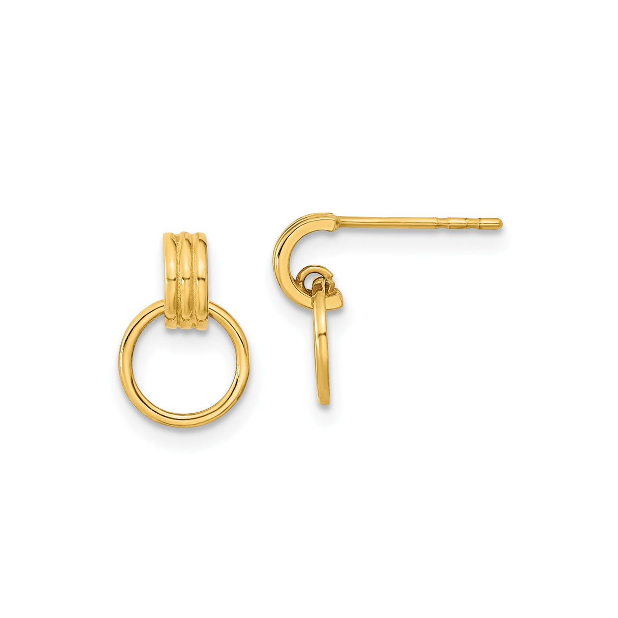 14k Yellow Gold Double Hoop Drop Earrings, Ribbed Circle Design, Post Backs, Lightweight