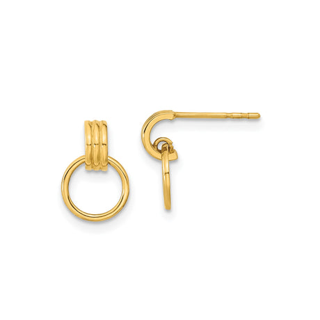 14k Yellow Gold Double Hoop Drop Earrings, Ribbed Circle Design, Post Backs, Lightweight