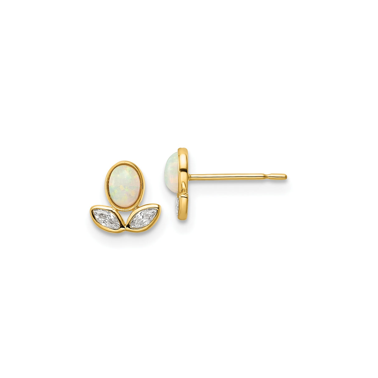 14k Yellow Gold Stud Earrings with Oval Opal and Cubic Zirconia, Floral Leaf Design