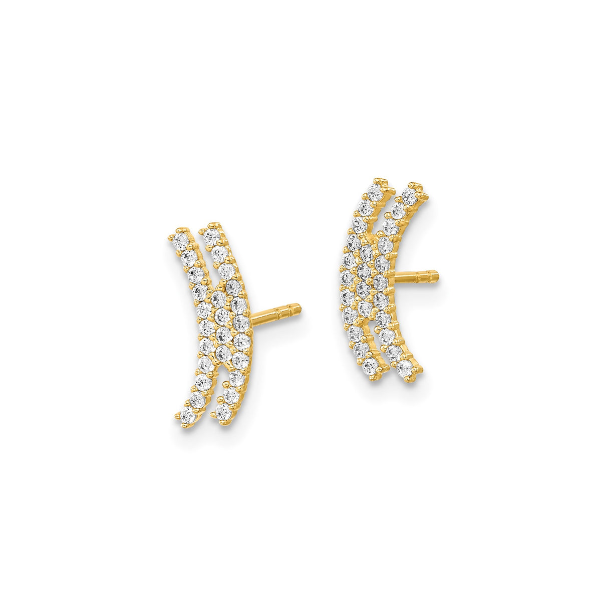 14k Yellow Gold Curved Bar Stud Earrings with Cubic Zirconia, Modern Minimalist Ear Climbers