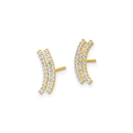 14k Yellow Gold Curved Bar Stud Earrings with Cubic Zirconia, Modern Minimalist Ear Climbers