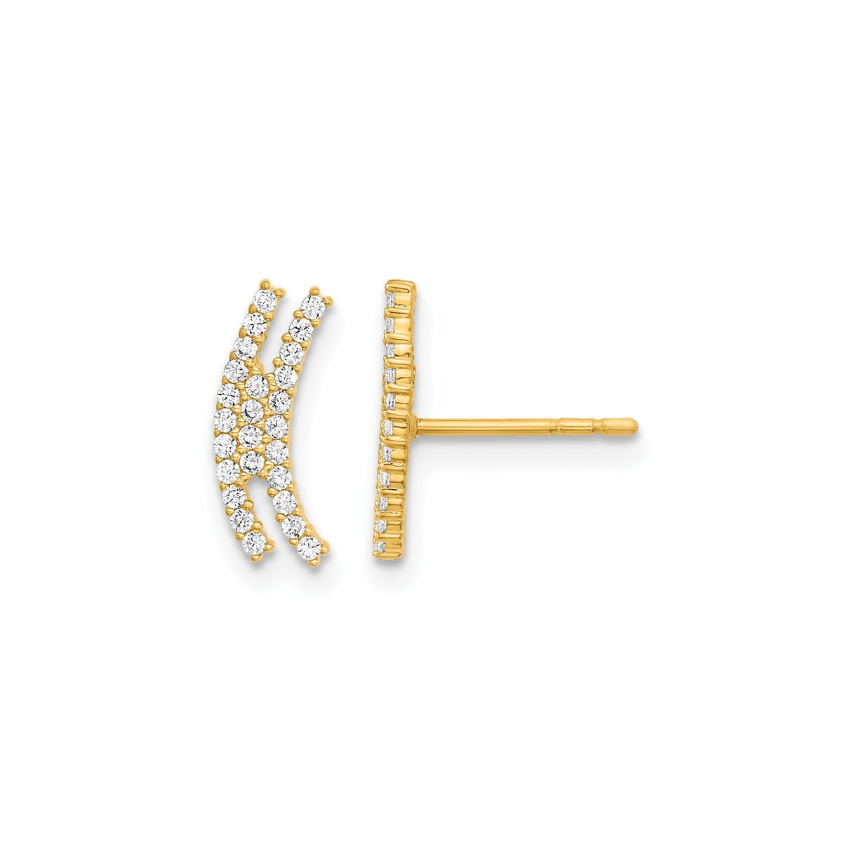 14k Yellow Gold Curved Bar Stud Earrings with Cubic Zirconia, Modern Minimalist Ear Climbers
