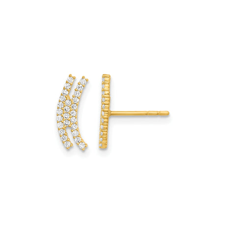 14k Yellow Gold Curved Bar Stud Earrings with Cubic Zirconia, Modern Minimalist Ear Climbers