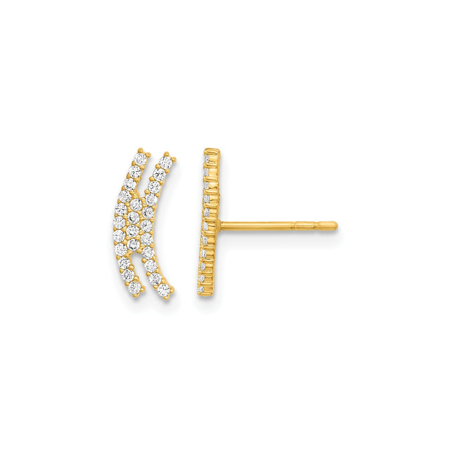 14k Yellow Gold Curved Bar Stud Earrings with Cubic Zirconia, Modern Minimalist Ear Climbers