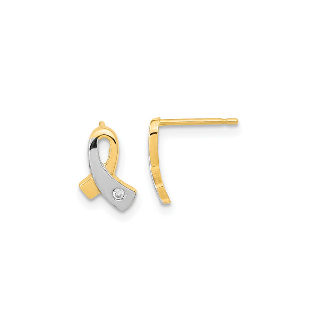 14k Yellow Gold Awareness Ribbon Stud Earrings with Cubic Zirconia for Women