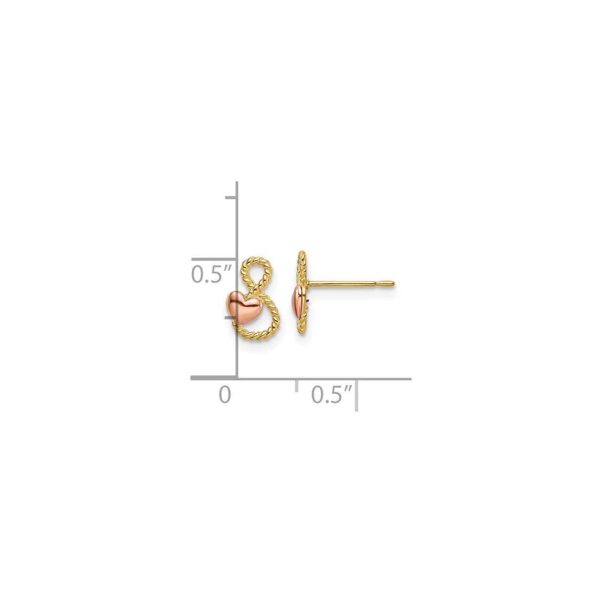 14k Two-Tone Gold Stud Earrings with Rose Gold Heart and Infinity Rope Design
