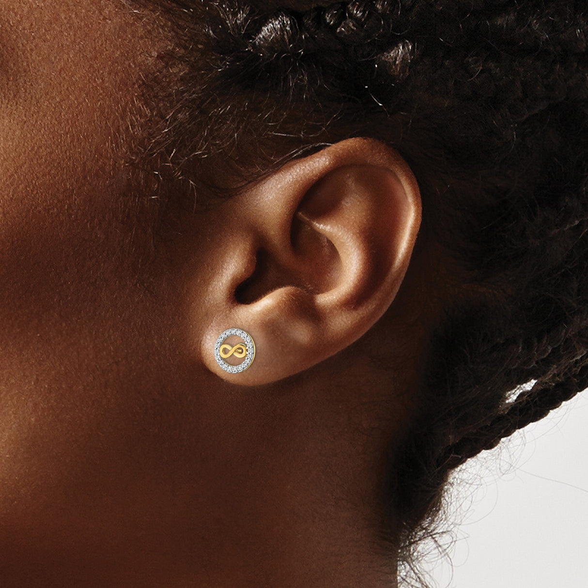 14k Yellow Gold Stud Earrings with Cubic Zirconia, Infinity Symbol in Circle Design
