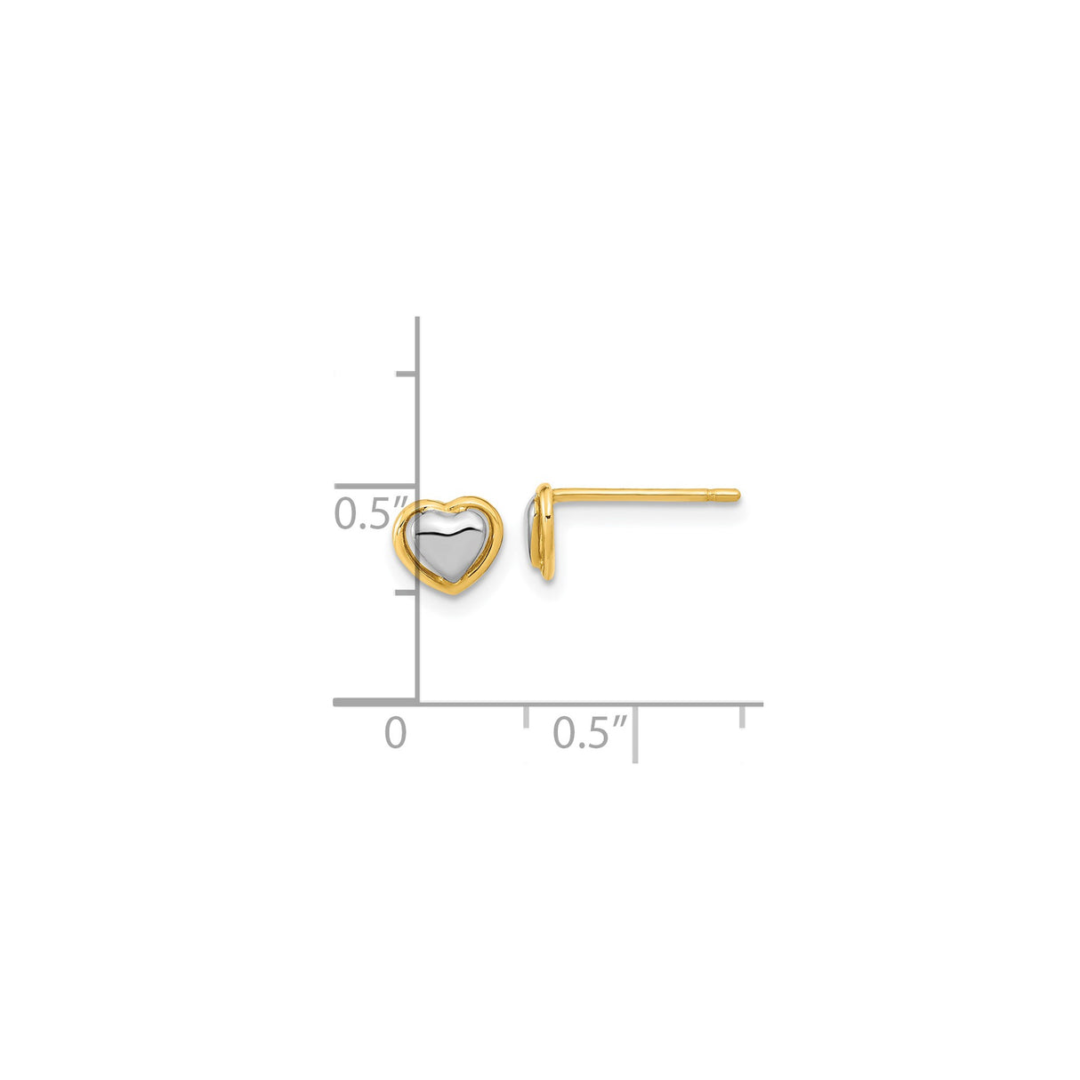 14k Yellow Gold Heart Stud Earrings with Rhodium Accents, Two-Tone Romantic Design for Women