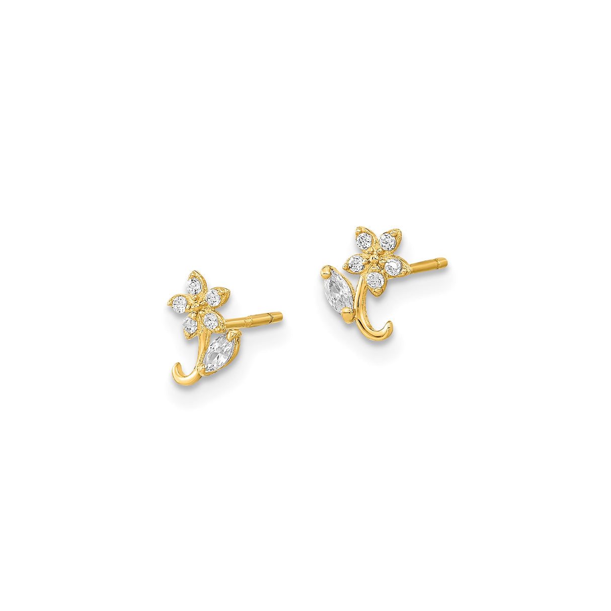 14k Yellow Gold Flower Stud Earrings with Cubic Zirconia, Delicate Floral Design for Women