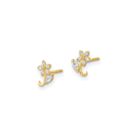 14k Yellow Gold Flower Stud Earrings with Cubic Zirconia, Delicate Floral Design for Women