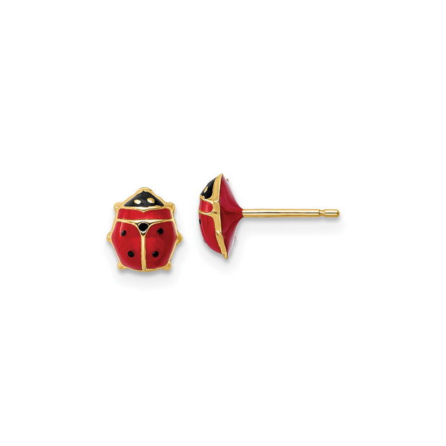 14k Yellow Gold Ladybug Stud Earrings with Red and Black Enamel Detailing