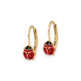 14k Yellow Gold Ladybug Leverback Earrings with Red and Black Enamel, Cute Bug Design for Girls
